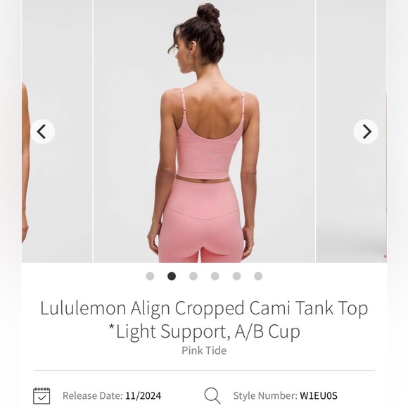 Lululemon Align Cropped Cami Tank Top *Light Support, A/B Cup Pink Tide - Picture 2 of 6